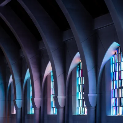 Stained glass windows inside of a church