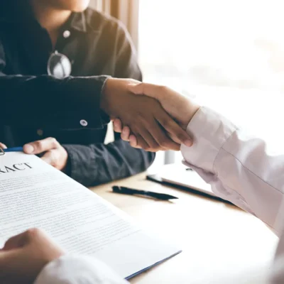 Two people shaking hands after reviewing a contract