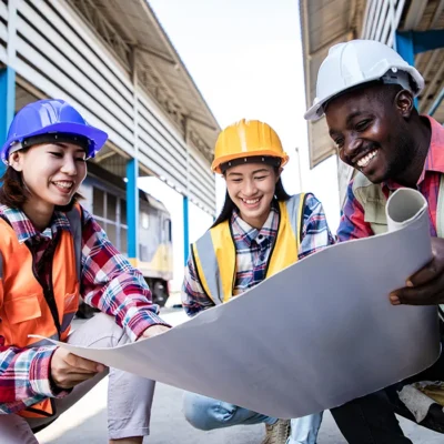 Young, diverse construction workers reviewing construction plans